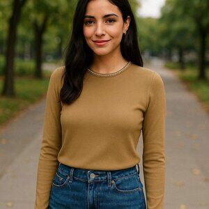 ZARA Tan Long Sleeve Top with Silver Metal Neckline size M